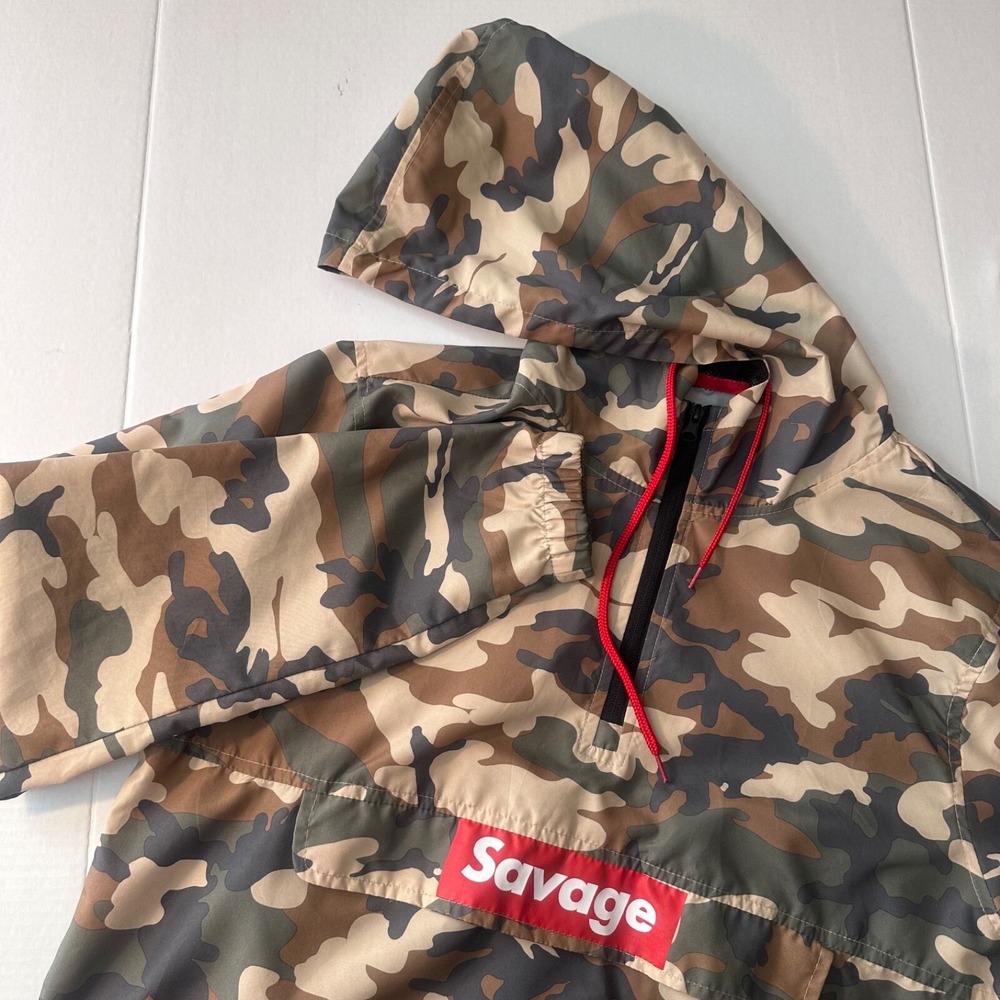 Carbon Savage Rain Coat Men Medium Green White Camouflage Polyester Long Sleeves